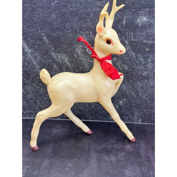 Vintage Large White Plastic Prancing Reindeer Pink Ears Mouth Midcentury 12" - Picture 3 of 12
